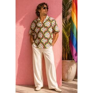 Vintage 70s Lily Dache Rainbow Disco Shirt XL Pride Festival Mod Psychedelic